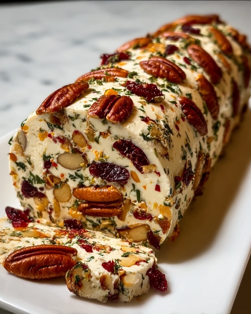 The image shows a close-up of a cylindrical log of creamy white cheese mixed with many whole nuts and bits of herbs and spices throughout. The outside layer is covered with large pecans and pieces of deep red dried fruit, scattered with green and red herbs, creating a colorful, textured look. The cheese log sits on a white plate, placed on a white marbled surface. The cheese is rich, smooth, and speckled with various colors from the nuts and herbs inside and out. photo taken with an iphone --ar 4:5 --v 7