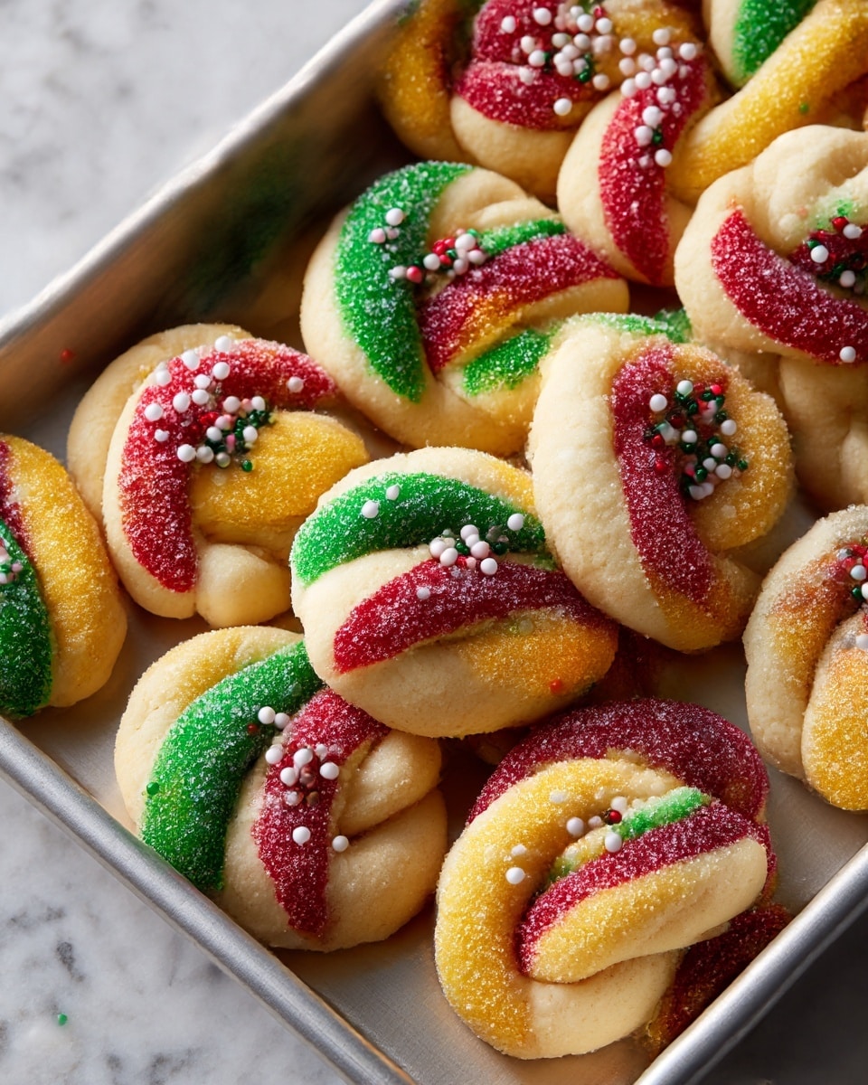 A tray filled with round swirl cookies, each made of two twisted colors: white dough paired with either red, green, or golden-yellow dough. The surface of the cookies is covered in granulated sugar and small white and colored sprinkles, adding texture and sparkle. The cookies have distinct, tightly twisted layers that create a flower-like pattern. They are presented closely packed in a white tray lined with light brown parchment paper, all set on a white marbled texture. Photo taken with an iphone --ar 4:5 --v 7