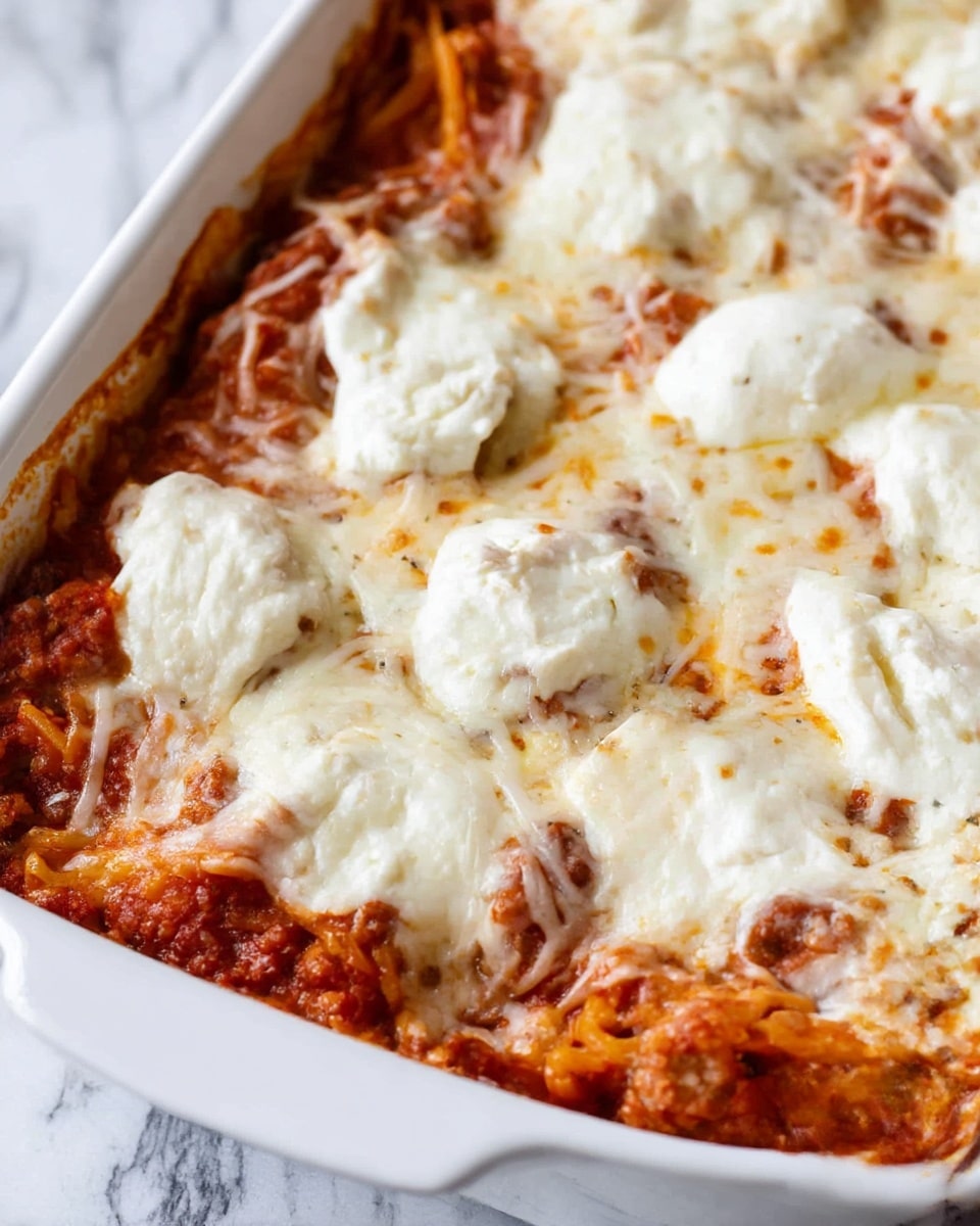A white baking dish filled with a baked casserole showing at least three layers: a bottom layer of red tomato sauce with meat and pasta, a middle layer of melted shredded cheese blending with the sauce, and a top layer of dollops of soft white cheese melted unevenly over the dish. The cheese has a slightly browned and bubbly texture. The background shows a white marbled texture. photo taken with an iphone --ar 4:5 --v 7