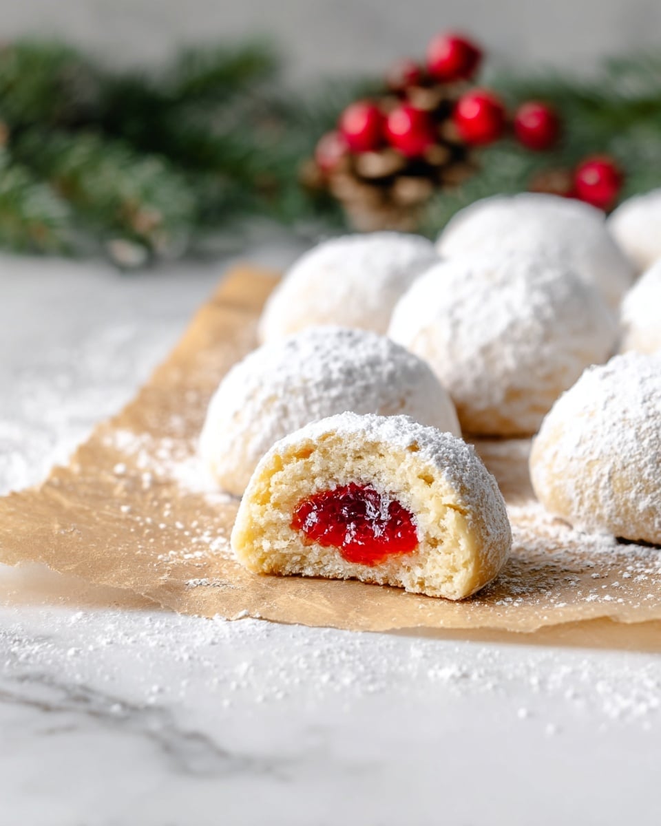 The image shows small round cookies covered in a thick layer of white powdered sugar, arranged on crumpled brown parchment paper placed on a white marbled surface dusted with more powdered sugar. One cookie in the front is cut open, revealing a soft, crumbly light yellow dough outer layer with a bright red jelly or jam center inside. The background is softly blurred with holiday decor including a pinecone, green pine needles, and red berries visible behind the cookies. photo taken with an iphone --ar 4:5 --v 7