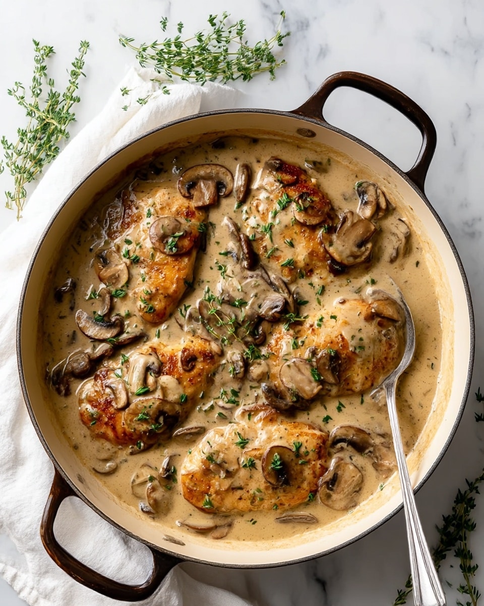 A large round pan with black handles holds a dish of five pieces of browned chicken breasts partly covered with a thick beige mushroom sauce mixed with sliced brown mushrooms. The sauce pools around and over the chicken, showing a creamy, smooth texture with some small green herb bits sprinkled on top. The pan sits on a white marbled surface with a white cloth nearby and fresh sprigs of green thyme placed around. A metal spoon rests inside the pan on the right side. photo taken with an iphone --ar 4:5 --v 7