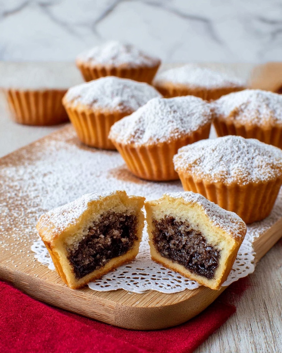 The image shows several small round cakes with a golden-brown crust and a dusting of white powdered sugar on top, arranged on a wooden cutting board with some powdered sugar scattered around. In the front, one cake is cut in half revealing a dense, dark brown filling with a crumbly texture inside a light golden crust. The cakes have a fluted edge and a slightly domed top. They sit on a white lace doily placed on a light wooden surface, with a folded red cloth partially visible next to the cutting board. The background has a white marbled texture. Photo taken with an iphone --ar 4:5 --v 7