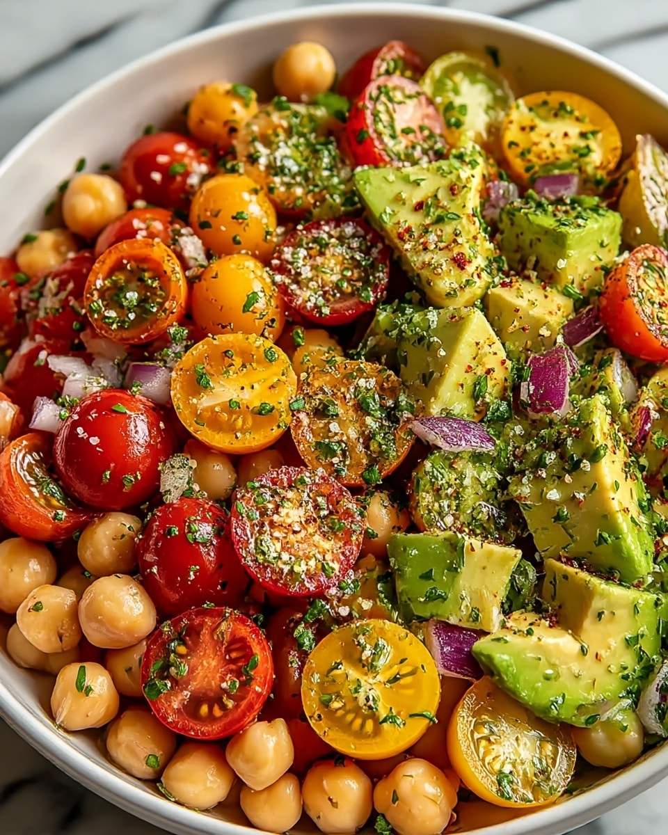 A close-up image of a fresh salad served in a white bowl, showing a mix of colorful layers. The base is made up of whole chickpeas with a pale beige color, spread evenly around the bowl. On top, there are halved cherry tomatoes in bright red and yellow, displaying juicy, textured interiors full of seeds. Large chunks of green avocado with a creamy texture appear scattered throughout, along with small pieces of red onion providing a purple touch. The salad is sprinkled with finely chopped green herbs and a mix of black pepper and white salt crystals, adding a speckled effect on the vegetables. The background is a white marbled texture, and the photo was taken with an iphone --ar 4:5 --v 7