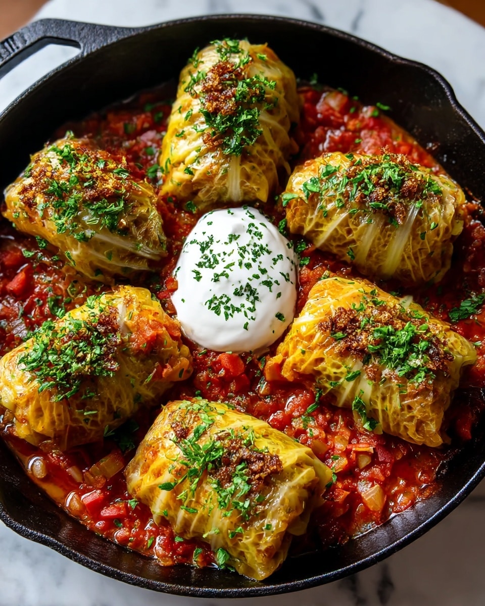 A black cast iron pan holds five cooked cabbage rolls, each wrapped in light green cabbage leaves with a slightly charred, browned top sprinkled with chopped fresh green herbs. The cabbage rolls sit in a thick, chunky red tomato sauce with visible pieces of diced tomatoes and herbs spread evenly in the pan. In the center of the pan, there is a dollop of smooth white sour cream topped with small green herb bits. The texture of the cabbage leaves shows veins and slight translucency, and the pan rests on a surface with a white marbled texture. photo taken with an iphone --ar 4:5 --v 7