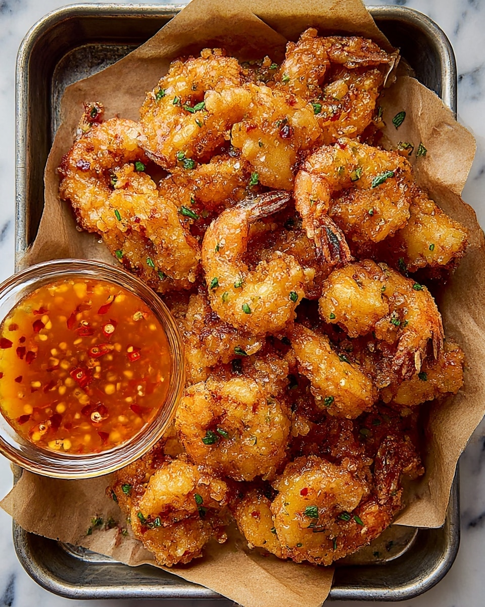 The image shows a close-up of crispy fried shrimp piled together, each piece golden-brown and crunchy with textured, bubbly batter. The shrimp are sprinkled with small green herb bits, adding a touch of color. Some shrimp show curled tails and rough, crunchy edges with an inviting sheen of light oil or sauce glistening on the surface. The background consists of a white marbled texture, complementing the warm tones of the fried shrimp. photo taken with an iphone --ar 4:5 --v 7