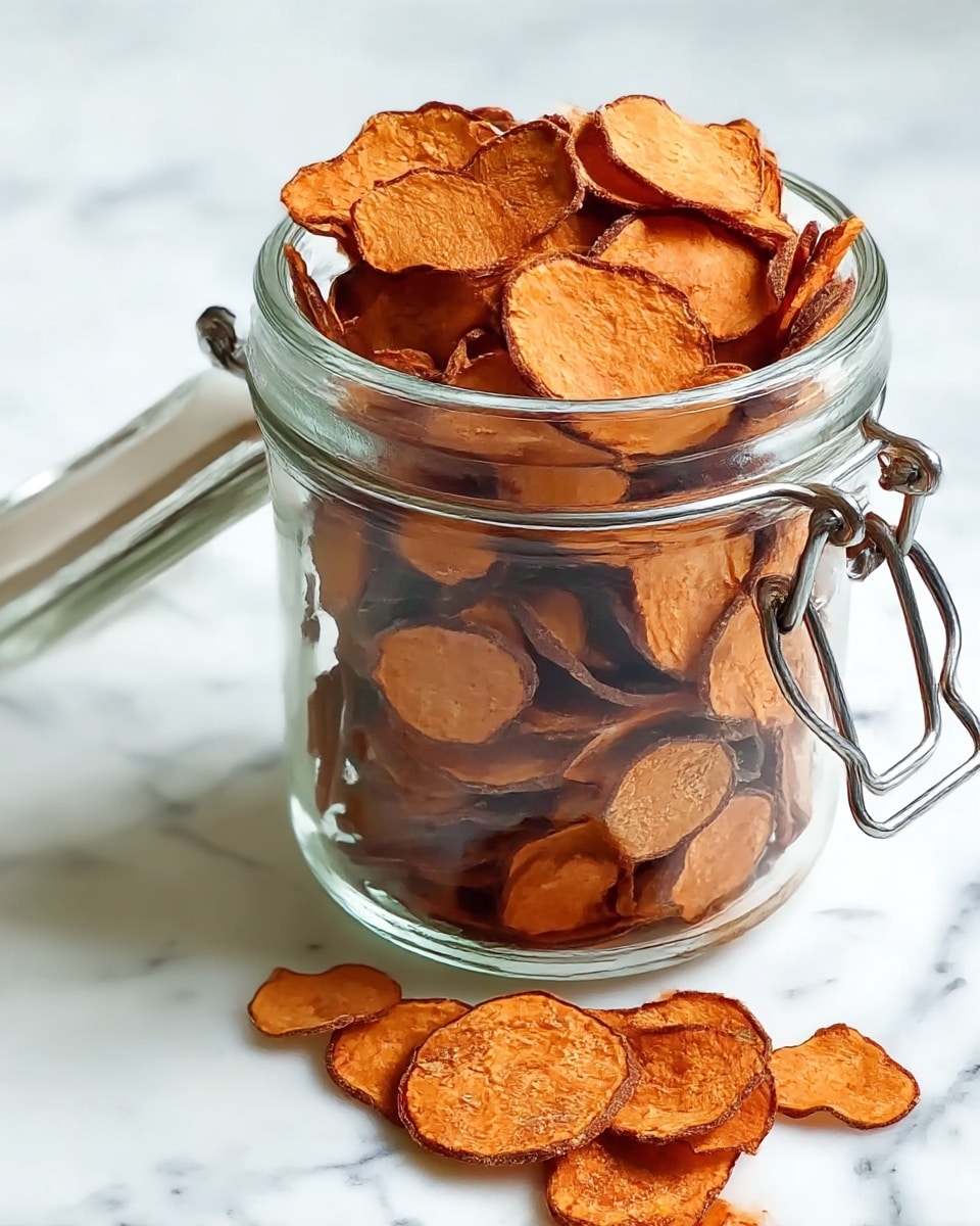 A clear glass jar filled with several layers of thin, round, orange sweet potato chips with slightly brown edges and a rough, wrinkled texture, placed on a white marbled surface. Around the jar, more sweet potato chips are scattered loosely, showing their crispy and dry texture with a noticeable orange-brown color contrast. The jar’s metal clasp is visible on the side, and the chips fill the jar to the top, with some overlapping and leaning inside. photo taken with an iphone --ar 4:5 --v 7