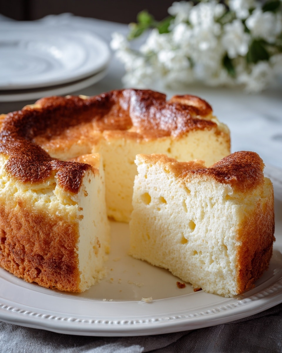 A thick, round cheesecake with a golden brown, slightly cracked top layer showing a soft, creamy, pale yellow interior, cut into a large slice that sits slightly separated from the main cake on a white plate with a delicate rim pattern; the cake's texture is smooth and creamy with small air pockets visible inside, all set on a white marbled table with blurred white flowers in the background. photo taken with an iphone --ar 4:5 --v 7
