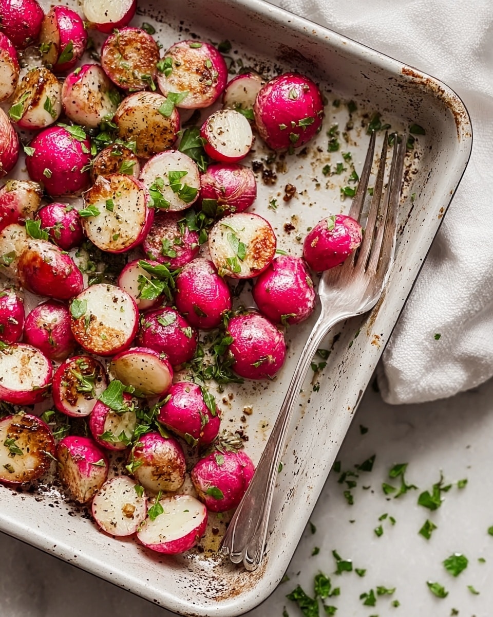 The image shows a white metal baking dish filled with roasted radishes, some whole and some cut in half, with a golden-brown sear on their white inner flesh and bright pink outer skin. The radishes are scattered with fresh chopped green herbs and black pepper, resting on a white marbled surface. A silver fork is lying in the dish near the radishes, with a white cloth napkin partially visible to the upper right corner. Small bits of herbs and seasoning are spread around the baking dish on the surface. photo taken with an iphone --ar 4:5 --v 7