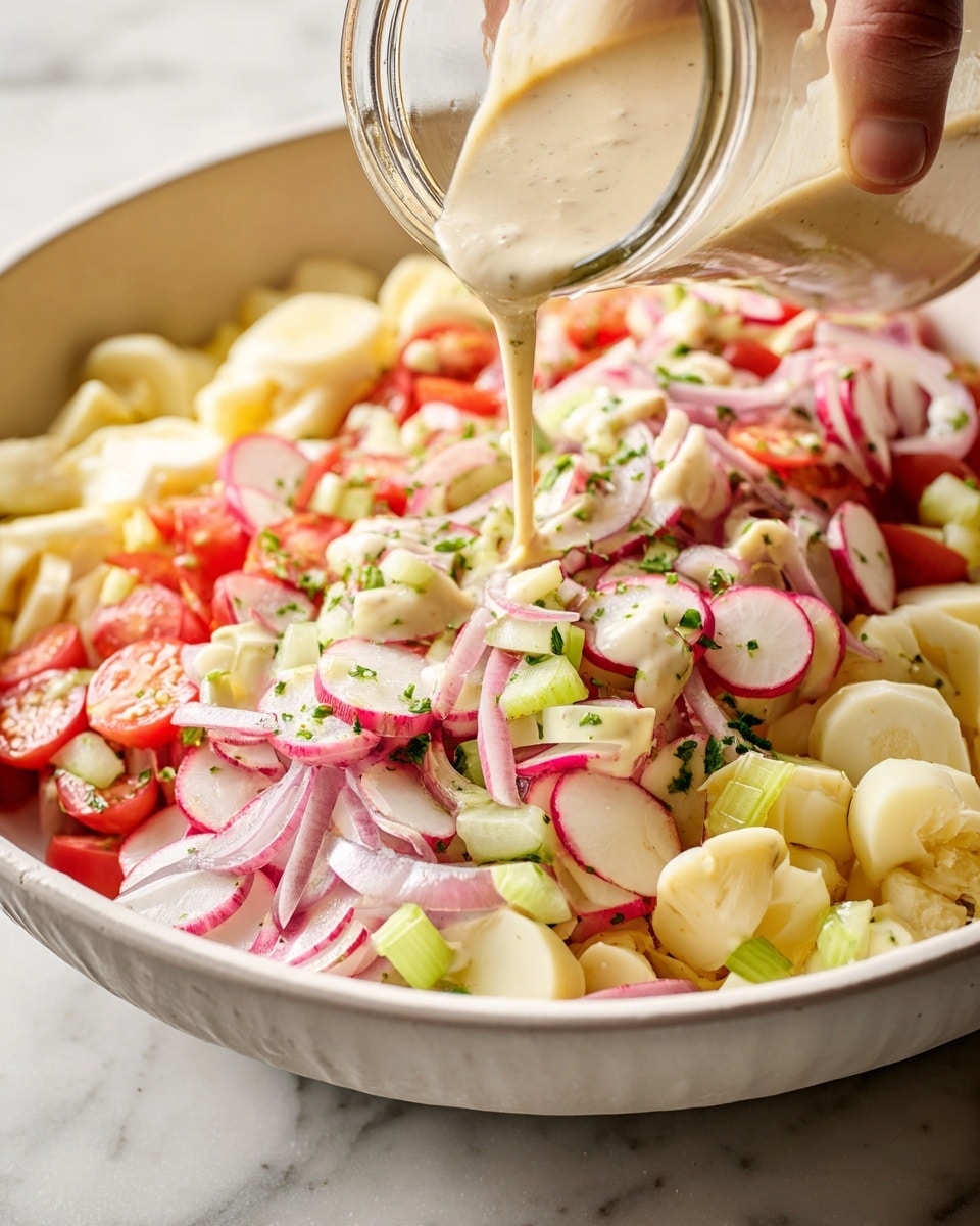 A large white bowl filled with a colorful salad made of several layers including thinly sliced radishes with pink edges and white flesh, round pieces of pale yellow hearts of palm, slices of red onion, chopped celery, and chunks of red tomatoes, all sprinkled with small chopped green herbs. A woman's hand is seen pouring a creamy, light beige dressing from a glass jar over the top, with the dressing flowing gently onto the salad. The bowl sits on a white marbled surface, adding a clean and bright look to the image. photo taken with an iphone --ar 4:5 --v 7