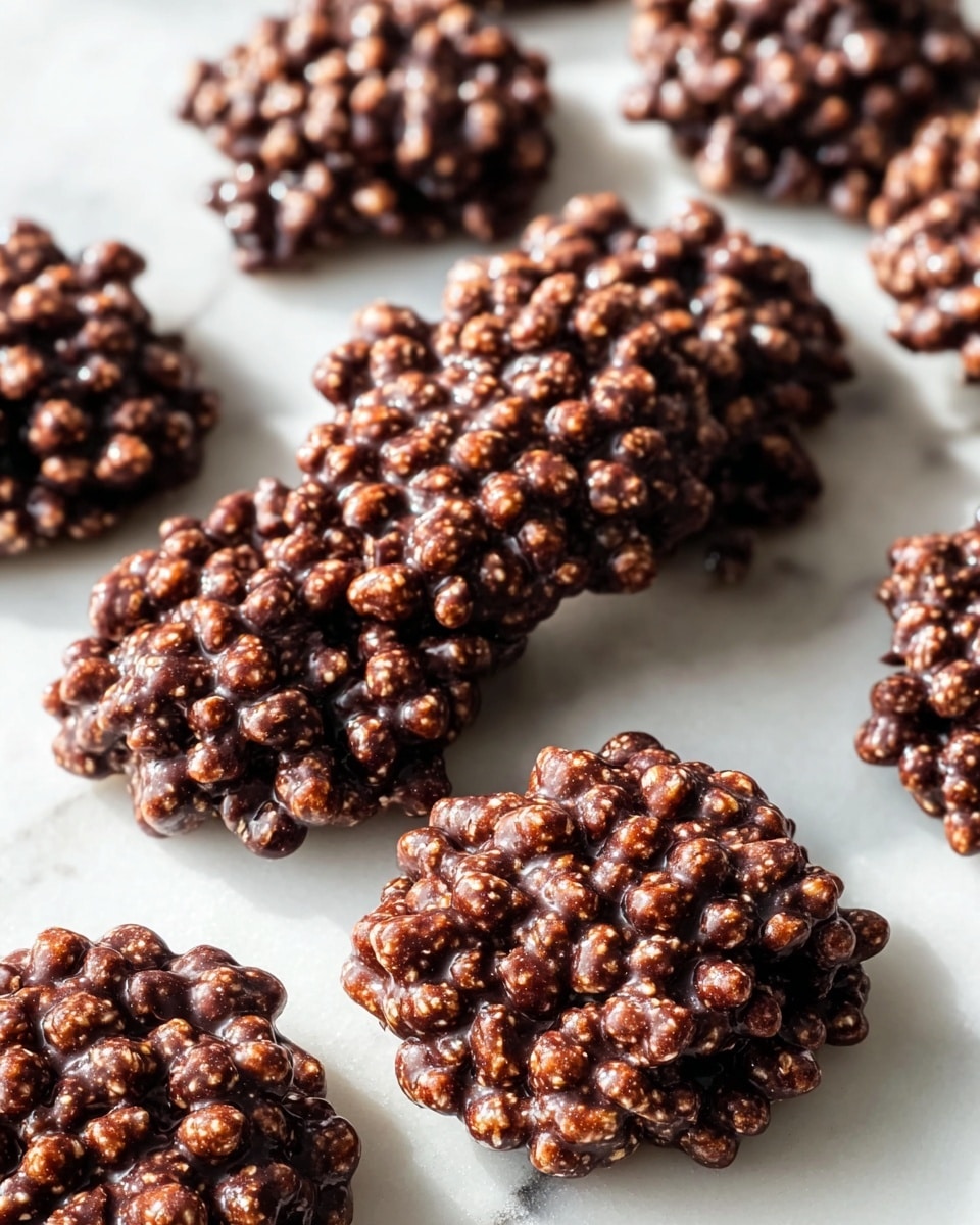 The image shows several small, round, dark brown chocolate clusters studded with many light brown puffed grains, creating a bumpy texture on each piece. They are spread loosely over a white marbled surface, with some clusters overlapping each other. The puffed grains cover the whole top of each cluster in an uneven pattern, giving a crunchy look. The lighting highlights the shiny, slightly rough surface of the chocolate mixed with the matte texture of the grains. Photo taken with an iphone --ar 4:5 --v 7