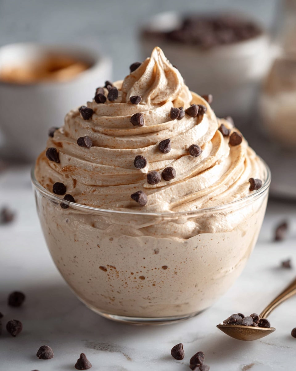 A clear glass bowl filled with a thick, light brown, creamy mousse-like dessert. The top is decorated with several smooth swirled layers of the same light brown cream, piped in a spiral shape rising to a peak in the center. Small dark brown chocolate chips are evenly scattered on the swirled cream, creating contrast. The bowl sits on a white marbled texture surface with some chocolate chips scattered around it. In the background, there are blurred bowls adding depth to the image. Photo taken with an iphone --ar 4:5 --v 7