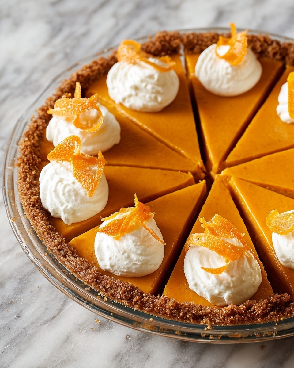 A close-up view of a pumpkin pie with a crumbly brown crust in a clear glass dish, placed on a white marbled surface. The pie is cut into eight equal slices, showing the smooth orange pumpkin layer on top. Each slice has a round white dollop of whipped cream with a curled orange peel garnish on top, arranged evenly around the pie’s edge. The pumpkin layer looks creamy and rich, with slight glossy texture. Photo taken with an iphone --ar 4:5 --v 7