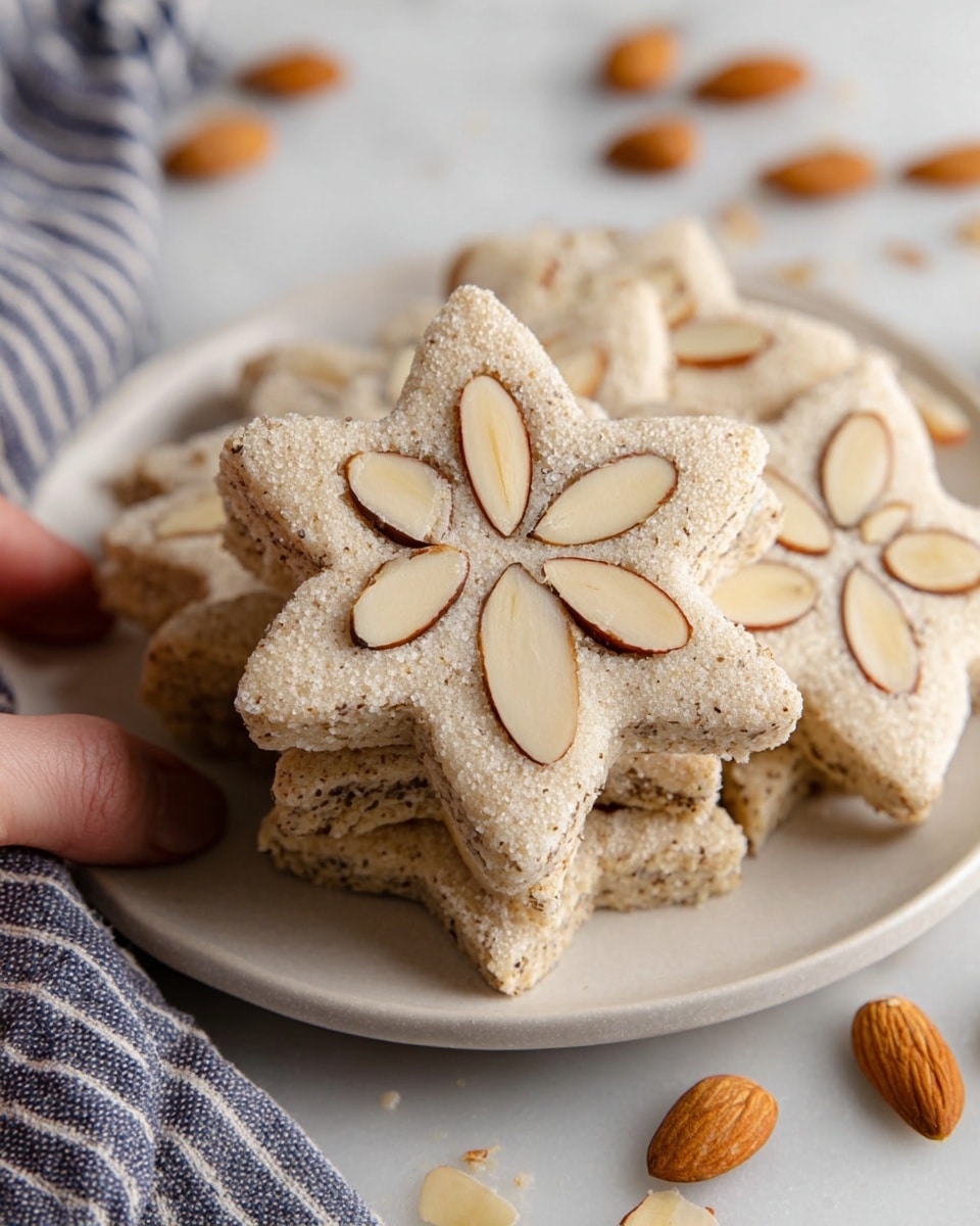 Star-shaped cookies with a light, slightly rough beige surface are stacked on a white plate, each decorated with five whole almond slices arranged evenly on top. The cookies have a textured edge showing bits of nut, and the almonds are pale with brown edges. Around the plate on the white marbled surface, more almond slices are scattered. A striped cloth is partly visible near the plate. photo taken with an iphone --ar 4:5 --v 7