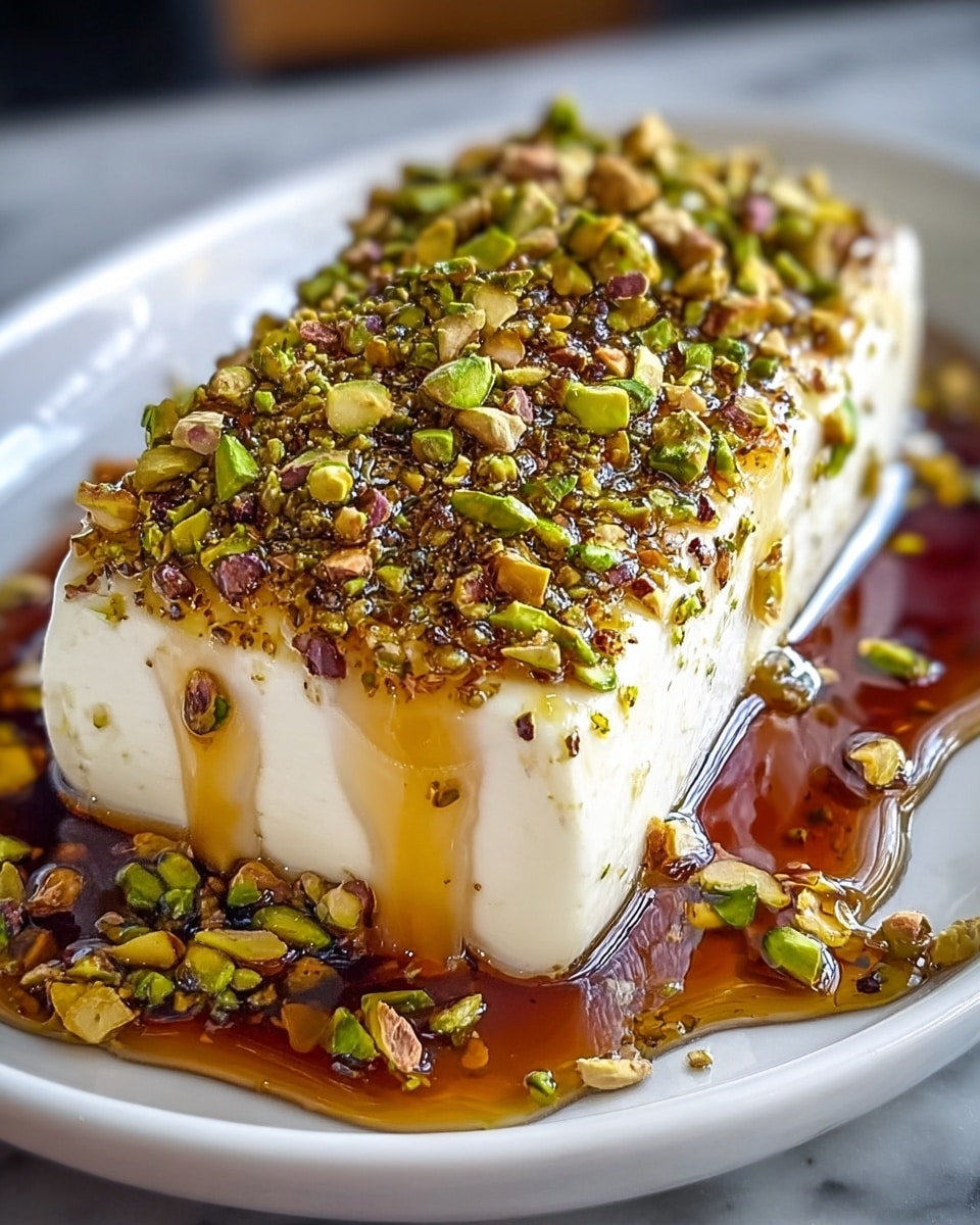 A rectangular block of white, creamy cheese sits on a white plate, covered with a thick layer of dark amber honey that drips down the sides. On top of the honey, there is a dense sprinkle of chopped green and brown pistachio nuts, some pieces spilling off the cheese onto the plate. The texture of the cheese is smooth and soft, contrasting with the sticky honey and crunchy nuts. The white plate rests on a white marbled surface. photo taken with an iphone --ar 4:5 --v 7