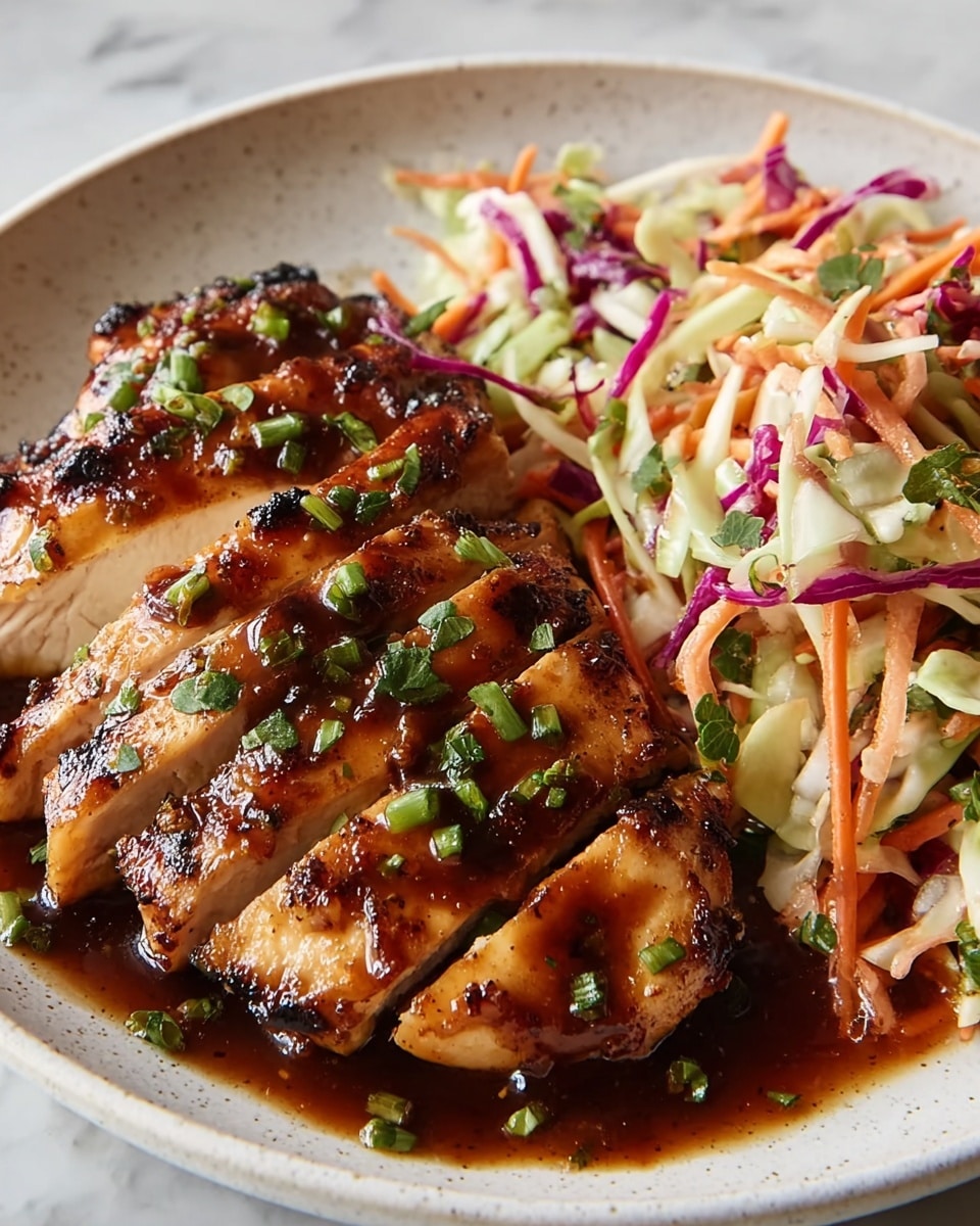 The dish shows a close-up of a main layer of thick, sliced grilled chicken breast with a shiny, dark brown glazed sauce, garnished with small chopped green herbs sprinkled on top. To the right side of the chicken, there is a fresh, colorful slaw made of thinly shredded carrots, purple cabbage, pale green cabbage, and small herb pieces mixed in. Both the chicken and slaw sit on a white plate with a simple, slightly speckled texture. The background surface is a white marbled texture. photo taken with an iphone --ar 4:5 --v 7