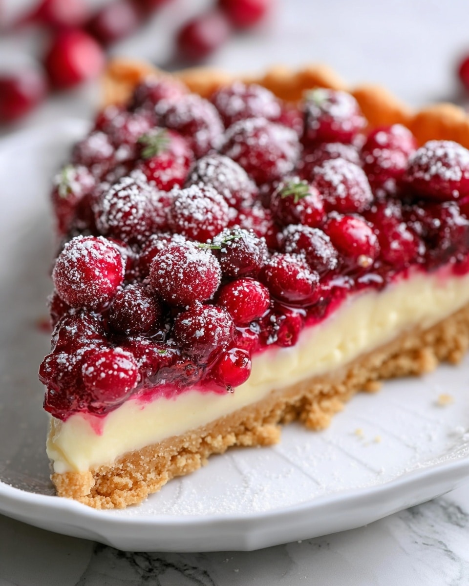 A close-up view of a pie with four distinct layers sitting on a white plate with a slightly wavy edge, placed on a white marbled surface. The bottom layer is a thick, crumbly golden-brown crust, topped by a smooth, creamy ivory layer. Above that is a vibrant ruby-red layer made of crushed or cooked cranberries, giving it a slightly wet and chunky texture. The top layer consists of whole bright red cranberries scattered generously, some dusted lightly with fine white powdered sugar. The pie edge is golden and crimped, creating a textured border around the filling. Photo taken with an iphone --ar 4:5 --v 7