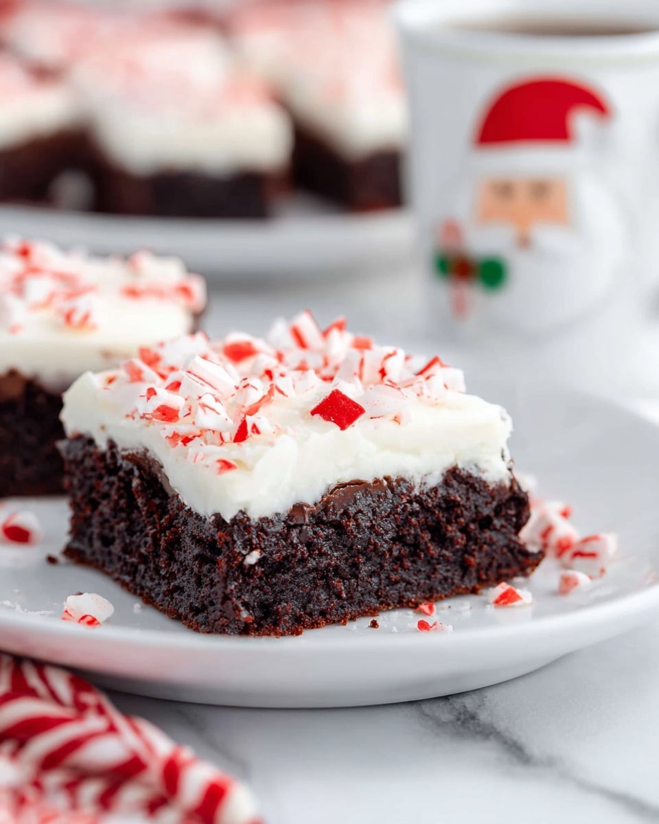 A square piece of dense, dark brown brownie lies flat on crumpled white parchment paper over a white marbled surface. The brownie is topped with one thick, even layer of creamy white frosting that has a slightly rough texture and is spread close to the edges. Small pieces of crushed red and white peppermint candy are sprinkled evenly across the frosting, adding bright pops of color and a crunchy texture. In the soft-focus background, there is a hint of a red and green plaid cloth, with white tiled walls behind it. photo taken with an iphone --ar 4:5 --v 7