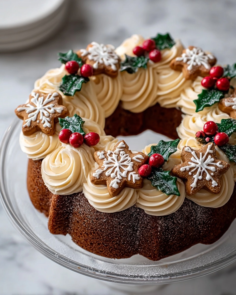 A single-layer dark brown bundt cake sits on a clear glass stand on a white marbled surface. The top of the cake is decorated with thick, creamy beige swirls of frosting arranged in a circular pattern around the inner edge. Among the frosting swirls, small gingerbread cookies shaped like snowflakes with white icing details and bright red berry clusters with dark green holly leaves are placed evenly, adding festive color and texture. The cake has a light dusting of powdered sugar, enhancing its festive look. Photo taken with an iphone --ar 4:5 --v 7