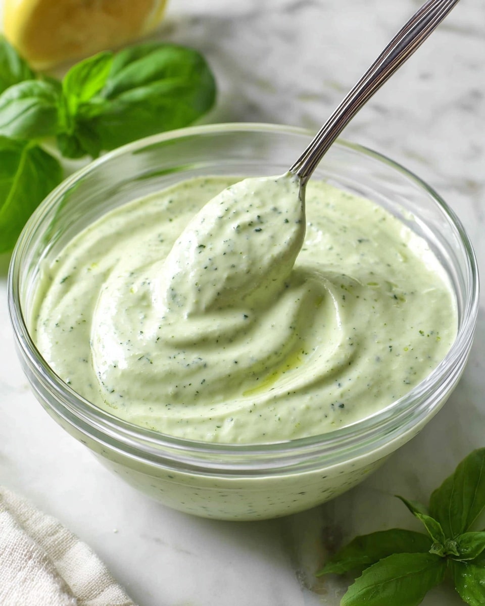 A clear glass bowl filled with a thick, pale green creamy sauce that has tiny green specks evenly spread through it, showing a smooth texture with soft swirls on top; a shiny silver spoon is partially dipped into the sauce, lifting a dollop, with the bowl placed on a white marbled surface and fresh green basil leaves nearby. photo taken with an iphone --ar 4:5 --v 7