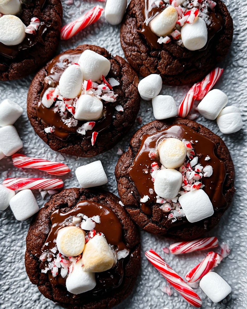 Four round chocolate cookies with a cracked texture form the base layer, each topped with several large, soft white marshmallows. Over the marshmallows, thick, glossy melted chocolate is spread unevenly, creating a rich, shiny layer that drips slightly. The cookies rest on a patterned metal tray with a white marbled texture background. Two extra marshmallows are placed near the cookies on the tray. photo taken with an iphone --ar 4:5 --v 7