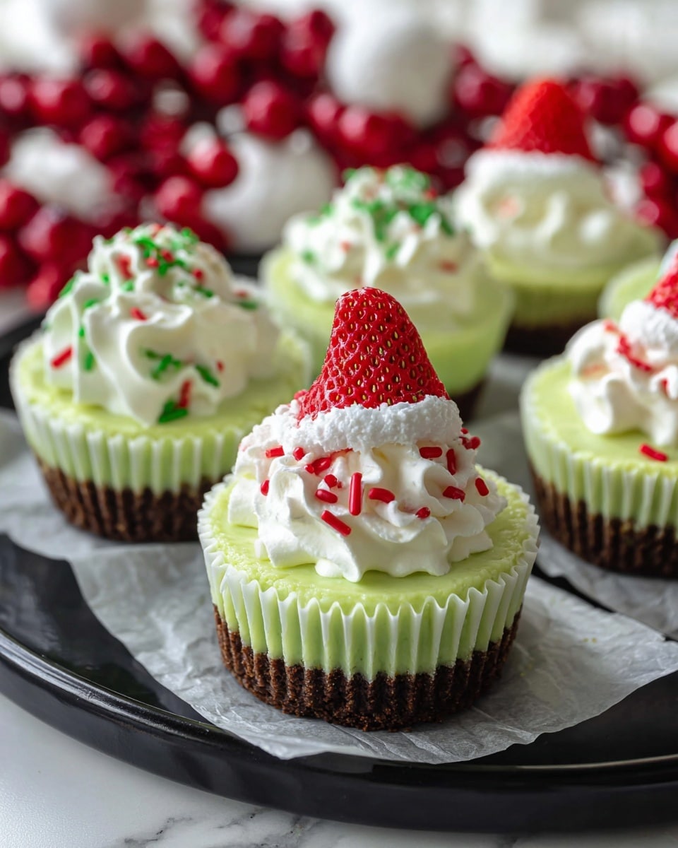 A close-up of several mini cheesecakes in white cupcake liners sits on a black plate with parchment paper, showing three distinct layers: a dark brown crumbly base, a thick light green middle cheesecake layer, and white whipped cream on top. One cheesecake at the front is decorated with white whipped cream and red and green sprinkles, while the others have red strawberries that look like Santa hats with white cream trim. The background features red berry decorations blurred out, all set on a white marbled surface. Photo taken with an iphone --ar 4:5 --v 7