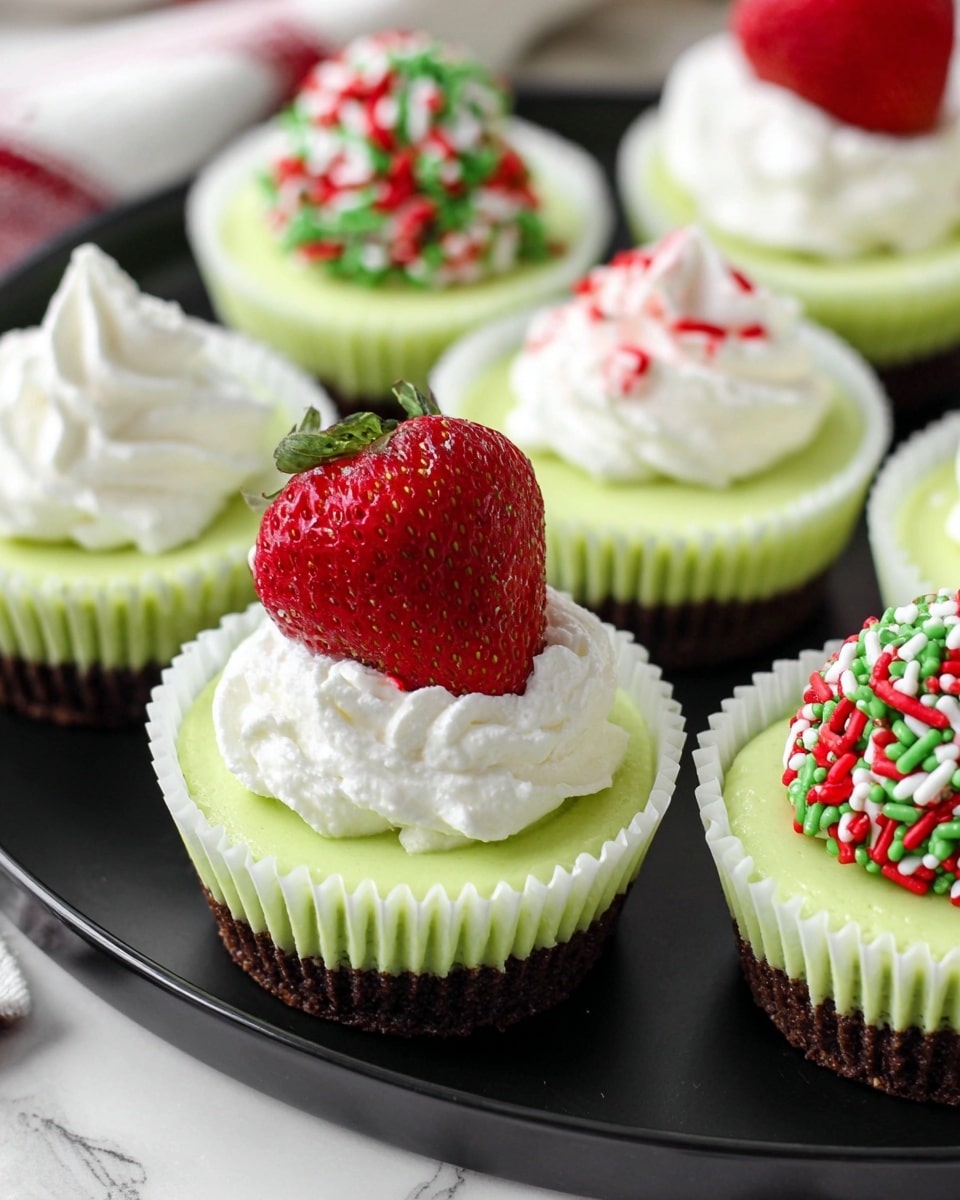 The image shows small green mini cheesecakes in white paper cups arranged on a black plate resting on a white marbled surface. Each cheesecake has three layers: a dark brown crust layer at the bottom with a crumbly texture, a smooth light green creamy middle layer, and a thick white whipped topping. Some cheesecakes are topped with a bright red strawberry with a dollop of whipped cream on top, while others have white whipped cream sprinkled with red and green festive sprinkles. The arrangement is close up, focusing on the cheesecake with a strawberry in the center, creating a fresh and colorful presentation. Photo taken with an iphone --ar 4:5 --v 7