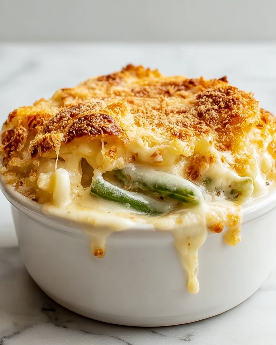A white bowl filled with a creamy baked dish that has three visible layers: the top layer is golden brown with a bubbly, melted cheese crust that looks crispy and slightly grainy from breadcrumbs; the middle layer is thick and creamy, with a pale yellow sauce that drips slightly down the sides; and the bottom layer shows some green beans partially covered by the sauce, adding a pop of green color. The bowl sits on a white marbled surface with a soft white background. photo taken with an iphone --ar 4:5 --v 7