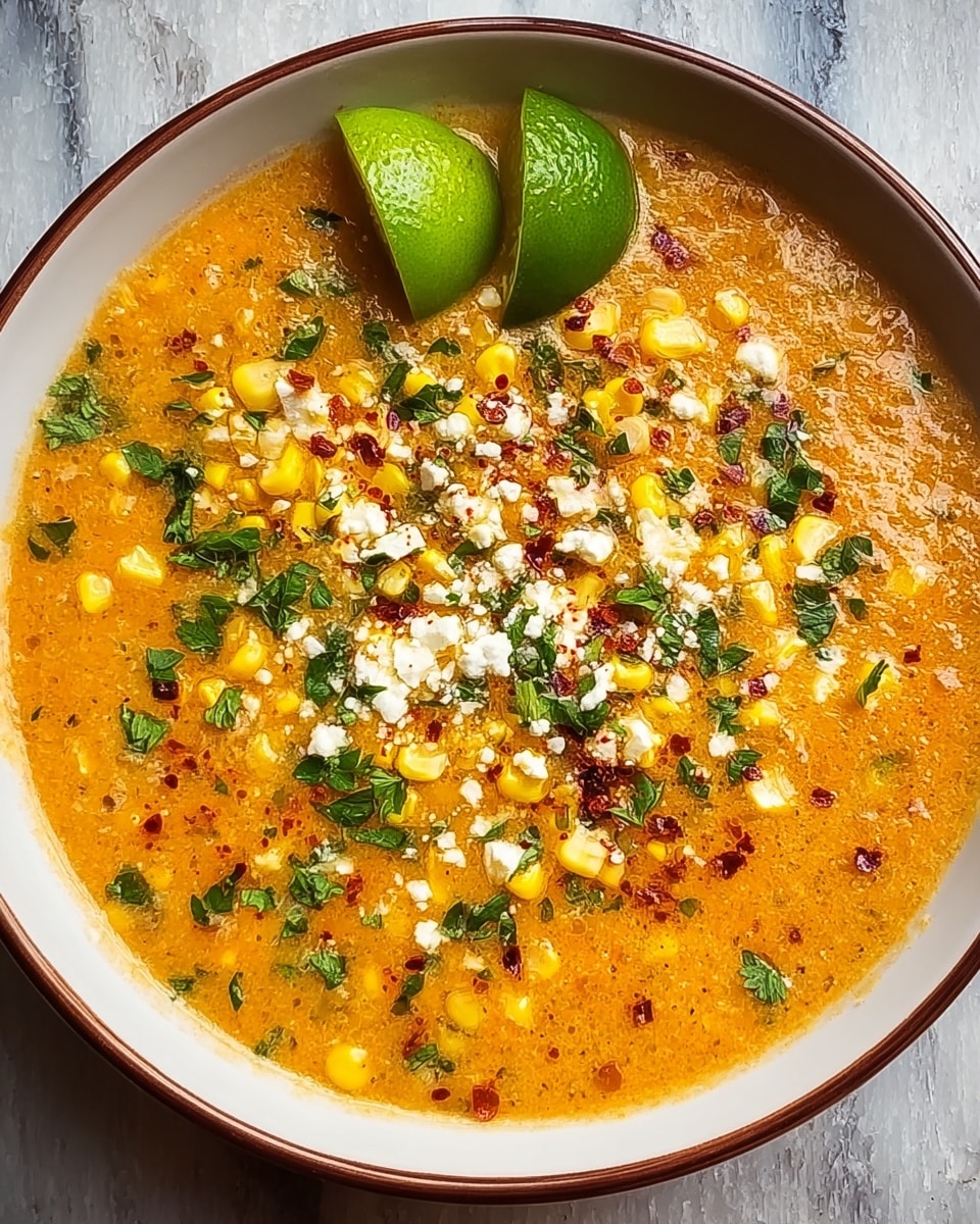 A white bowl with a brown rim is filled with a creamy orange soup that has small yellow corn kernels scattered throughout. The soup surface is topped with crumbled white cheese, chopped green herbs, and red chili flakes spread evenly. Two green lime wedges sit near the edge, one at the top left and one near the center, adding contrast. The bowl is set on a white marbled texture background. photo taken with an iphone --ar 4:5 --v 7
