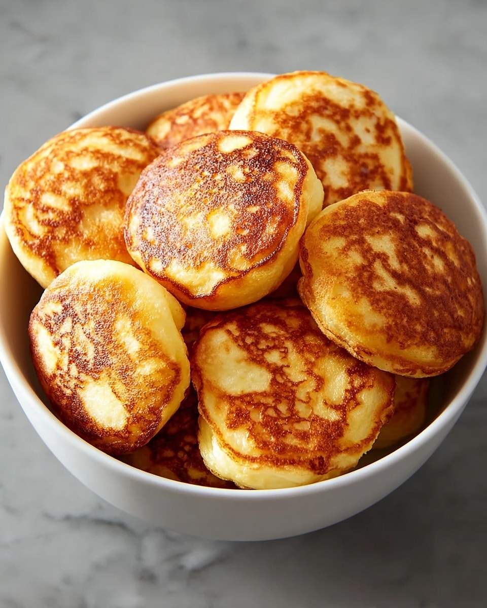 A white bowl filled with about ten small, round, golden-brown cheese pancakes stacked closely together, each pancake showing a textured, slightly crispy outer surface with lighter and darker golden patches, and a soft, creamy yellow inside visible at the edges. The bowl sits on a white marbled surface. photo taken with an iphone --ar 4:5 --v 7