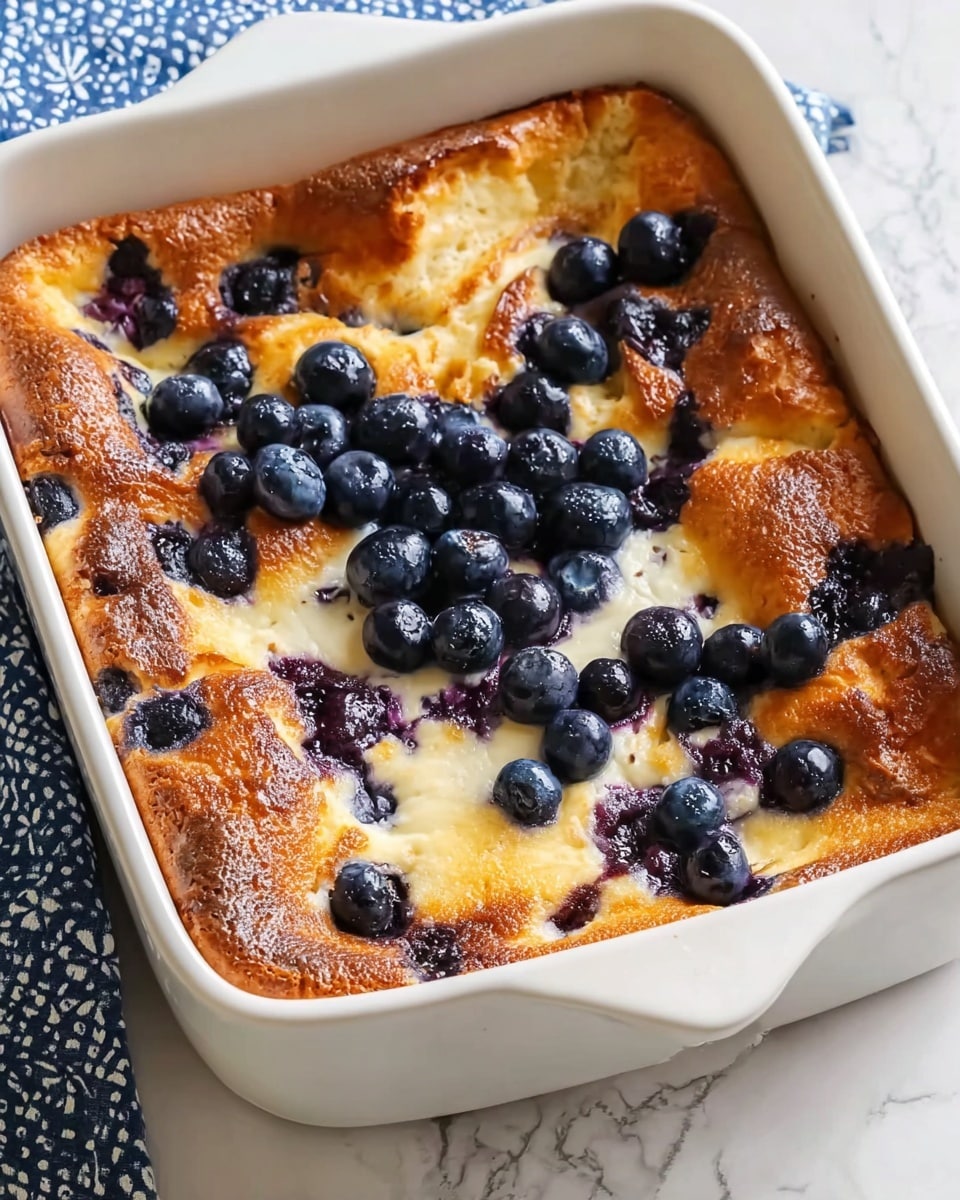 A white square baking dish filled with a golden-brown baked dessert that has a soft, fluffy texture with some darker caramelized edges. Scattered generously across the top are plump, fresh blueberries, some slightly sunken into the batter, adding deep purple and blue spots that contrast with the light golden crust. The dish is placed on a white marbled surface with a blue and white patterned cloth visible in the top corner. Photo taken with an iphone --ar 4:5 --v 7