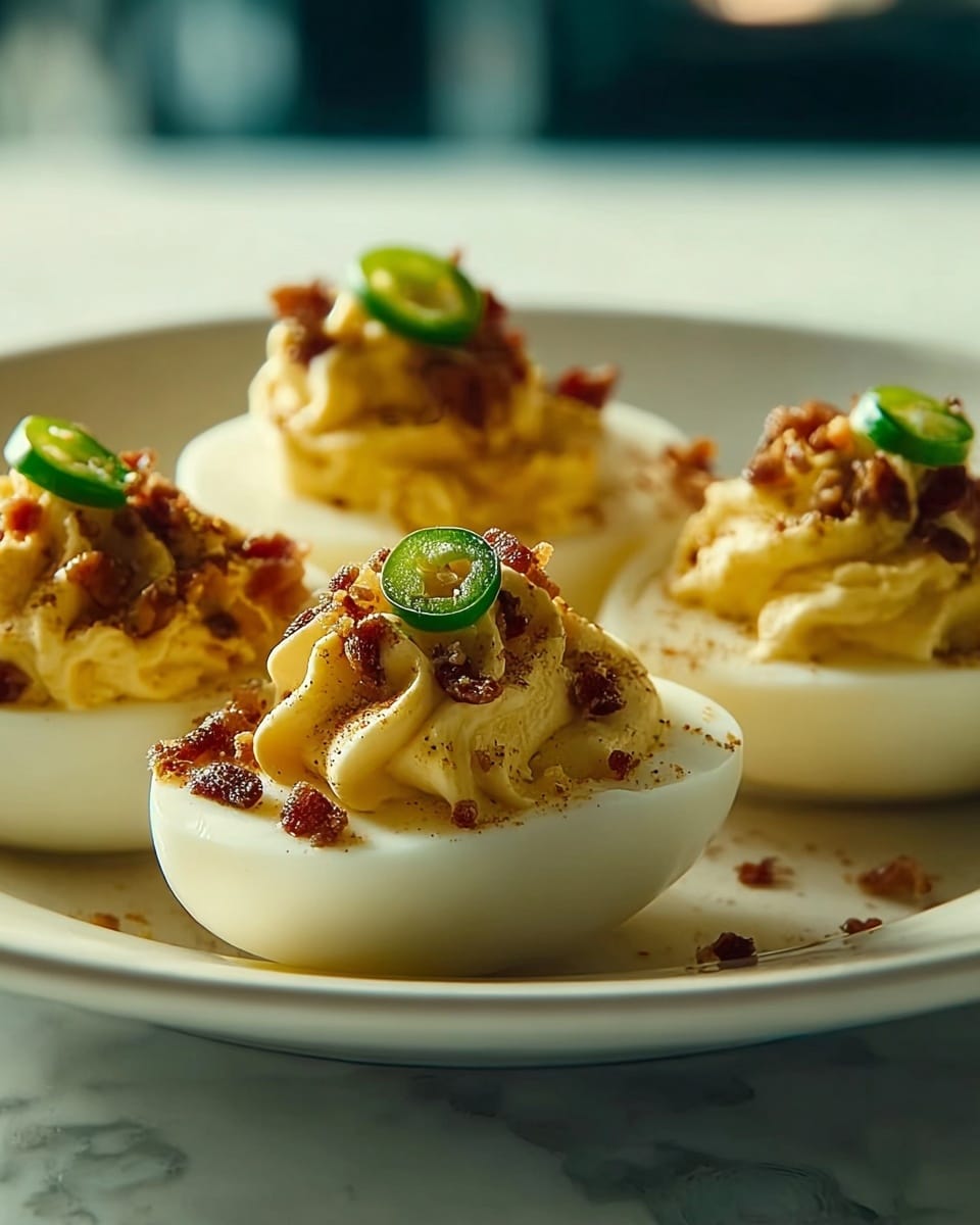 The image shows four deviled eggs arranged on a white plate with a smooth, slightly shiny texture. Each egg is halved, with the white outer layer forming a clean, firm base. The yellowish, creamy filling is generously piped on top in a fluffy, swirled mound that almost spills over the edges. Small crispy bacon bits, dark brown and crunchy, are scattered over the filling, adding texture and color contrast. A thin green slice of jalapeño sits neatly on top of each mound, giving a fresh, sharp color pop. The plate rests on a white marbled surface, and soft natural light highlights the details and textures in the scene. photo taken with an iphone --ar 4:5 --v 7