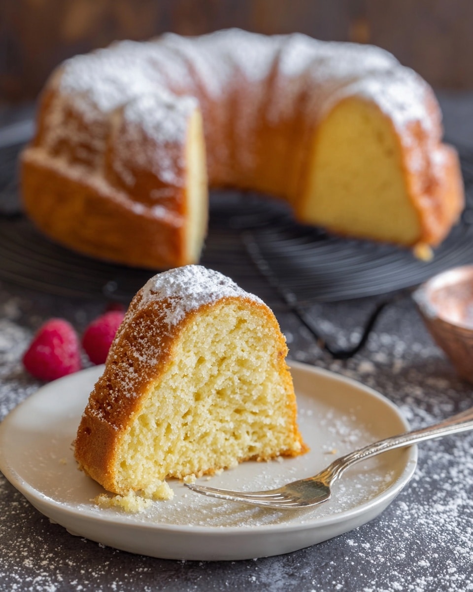 The image shows a single slice of a round bundt cake placed on a white plate, with a silver fork beside it. The cake slice has two layers: a golden-brown outer crust with a soft, yellow, spongy inside. The top of the slice is dusted with a light layer of powdered sugar. In the background, the rest of the bundt cake is on a black cooling rack, showing the same golden color and dusted powdered sugar. The white marbled texture surface is visible under the plates, with a single raspberry and some powdered sugar scattered around. photo taken with an iphone --ar 4:5 --v 7