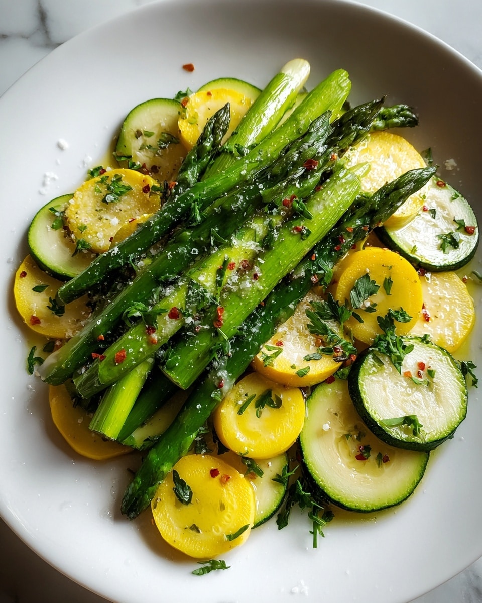 The dish shows a white plate filled with bright green asparagus spears layered on top, their texture smooth and slightly shiny. Below and around the asparagus are thick, round slices of yellow summer squash and green zucchini, both with slightly glossy surfaces and soft textures. The vegetables are sprinkled with small bits of fresh green parsley and coarse sea salt, with some red chili flakes scattered lightly on top, adding small specks of red. The whole dish sits against a backdrop of a white marbled texture. Photo taken with an iphone --ar 4:5 --v 7