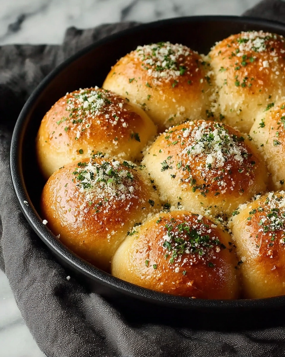 A close-up view of a black round pan holding nine golden brown bread rolls, each topped with finely chopped green herbs and a sprinkle of white grated cheese. The rolls are touching each other, showing soft and fluffy round shapes with slightly shiny and crusty tops. The pan rests on a dark grey cloth over a white marbled surface. Photo taken with an iphone --ar 4:5 --v 7