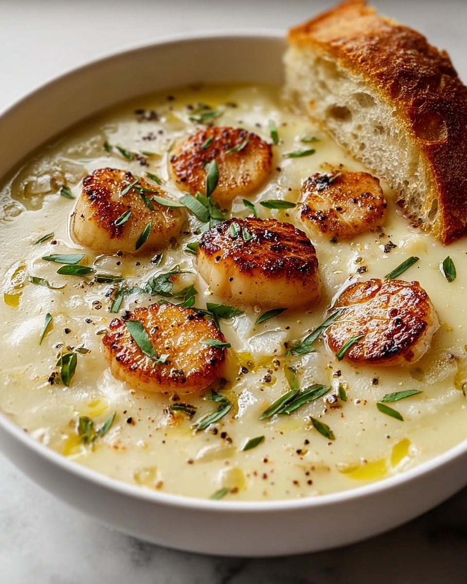 A white bowl filled with creamy, thick soup that has a pale yellow color, topped with several golden-brown seared scallops scattered evenly on the surface. Small green herb leaves are sprinkled across the soup along with black pepper specks, adding contrast. At the edge of the bowl, there is a piece of crusty bread leaning inside. The bowl sits on a white marbled surface. Photo taken with an iphone --ar 4:5 --v 7