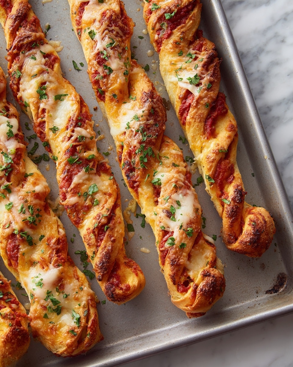 The image shows three twisted breadsticks on a grey baking tray, each with alternating thick stripes of melted white cheese and bright red tomato sauce on top. The breadsticks are golden brown and have a slightly crispy texture, with small bubbles on the cheese where it has browned. Each striped layer wraps around the twists, creating a spiral effect. Small green herb flakes are sprinkled on top, adding contrast to the cheese and sauce. The baking tray rests on a white marbled surface. Photo taken with an iphone --ar 4:5 --v 7