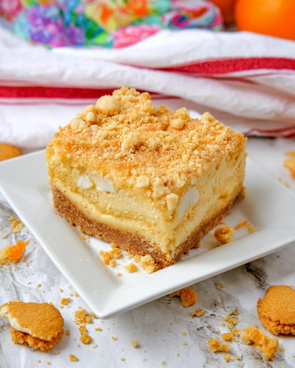 A square slice of a three-layer dessert sits on a white square plate. The bottom layer is a light brown crumbly crust. The middle layer is thick, creamy, and pale yellow with small white chunks inside. The top layer is a crumbly, slightly golden streusel topping with a rough texture. Around the plate are broken orange cookie pieces and crumbs scattered on a white marbled surface. A white cloth with red stripes and a colorful floral cloth are blurred in the background. photo taken with an iphone --ar 4:5 --v 7