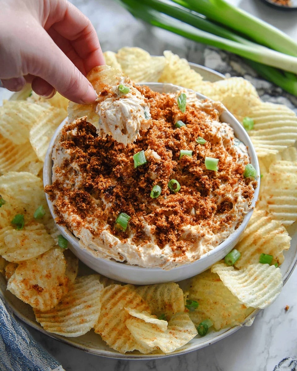 In this image, a white plate with a white bowl in the center holds a creamy dip topped with a thick layer of finely crumbled reddish-brown seasoning mixed with small green onion pieces. The creamy base is light beige with a soft, slightly chunky texture. Surrounding the bowl on the plate are pale yellow, crinkle-cut potato chips sprinkled lightly with chopped green onions. A woman's hand is dipping one chip into the dip, lifting some of the seasoned topping with it. The setting is on a white marbled surface with some fresh green onions nearby, adding a fresh color contrast. photo taken with an iphone --ar 4:5 --v 7