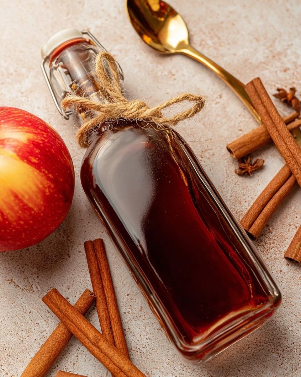 A clear glass bottle filled with dark amber liquid lies diagonally on a light beige textured surface, tied with a coarse brown rope around its neck and sealed with a white top. Nearby, two pairs of brown cinnamon sticks are placed in an X shape, and a bright red apple with yellow patches sits on the left side of the frame. At the top, a gold spoon with a shiny surface holds a small amount of the liquid. The scene has a cozy and rustic feel with warm color tones. photo taken with an iphone --ar 4:5 --v 7