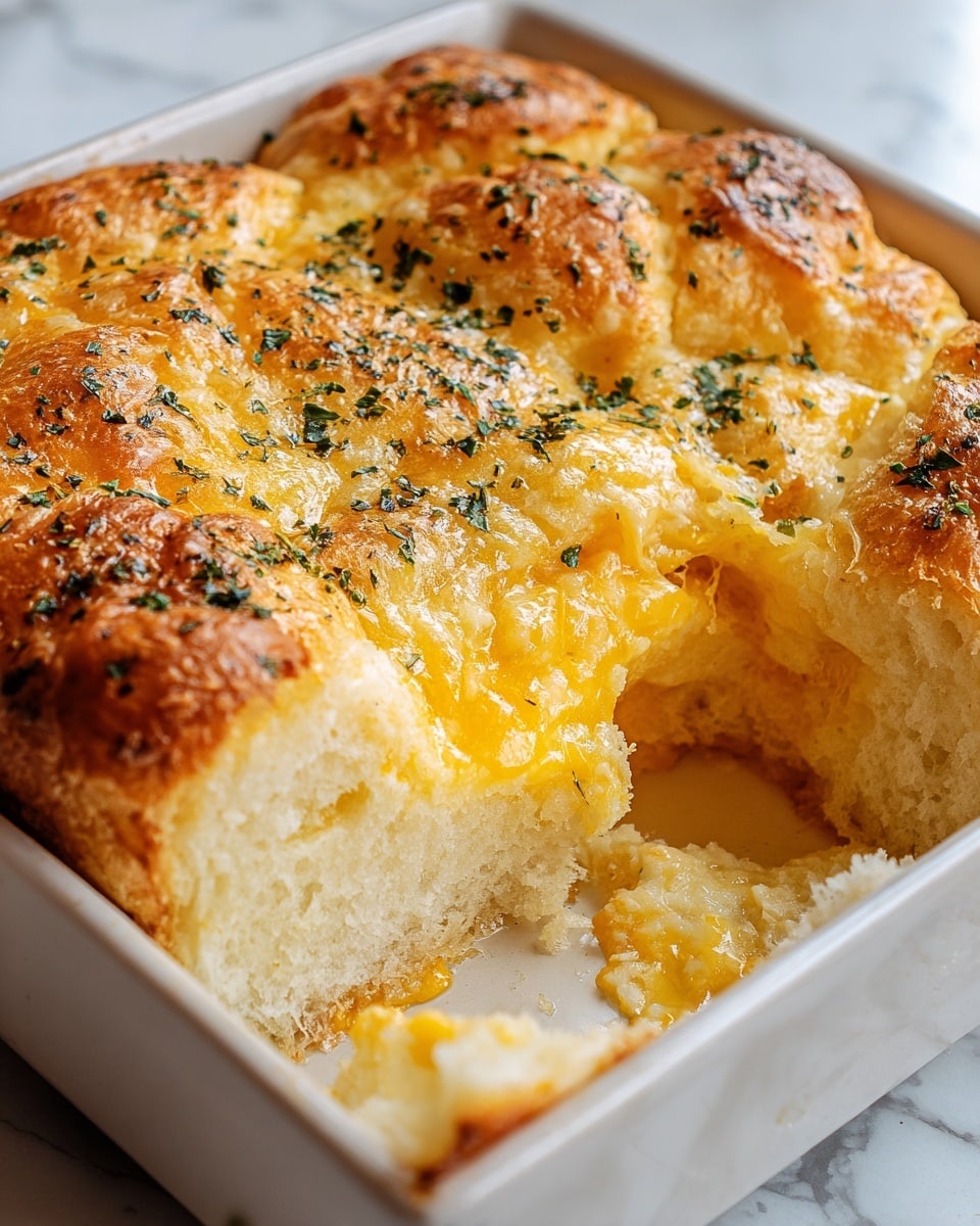 A close-up view of a baked cheesy bread dish in a white square ceramic dish, showing a top golden-brown layer that looks crispy and sprinkled with small green herb flakes. The bread is thick and fluffy with a soft white inside. A piece is cut out, revealing a layer of melted cheese with a bright yellow color and gooey texture inside the thick bread layers. A small piece of the cheesy filling is on the dish's corner, showing a mix of melted cheese and creamy texture. The background and surface have a white marbled texture. photo taken with an iphone --ar 4:5 --v 7