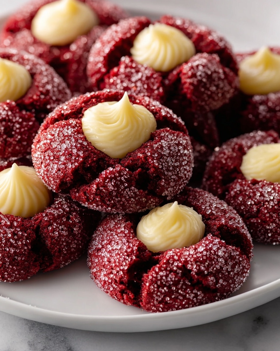 A white plate holds several red velvet thumbprint cookies, each with a cracked, sugar-coated deep red surface. In the center of each cookie is a creamy, pale yellow dollop of frosting, smooth and slightly peaked at the top. The cookies are stacked close together on a white marbled surface, showing a soft and crumbly texture with sparkling sugar crystals on the outside. photo taken with an iphone --ar 4:5 --v 7