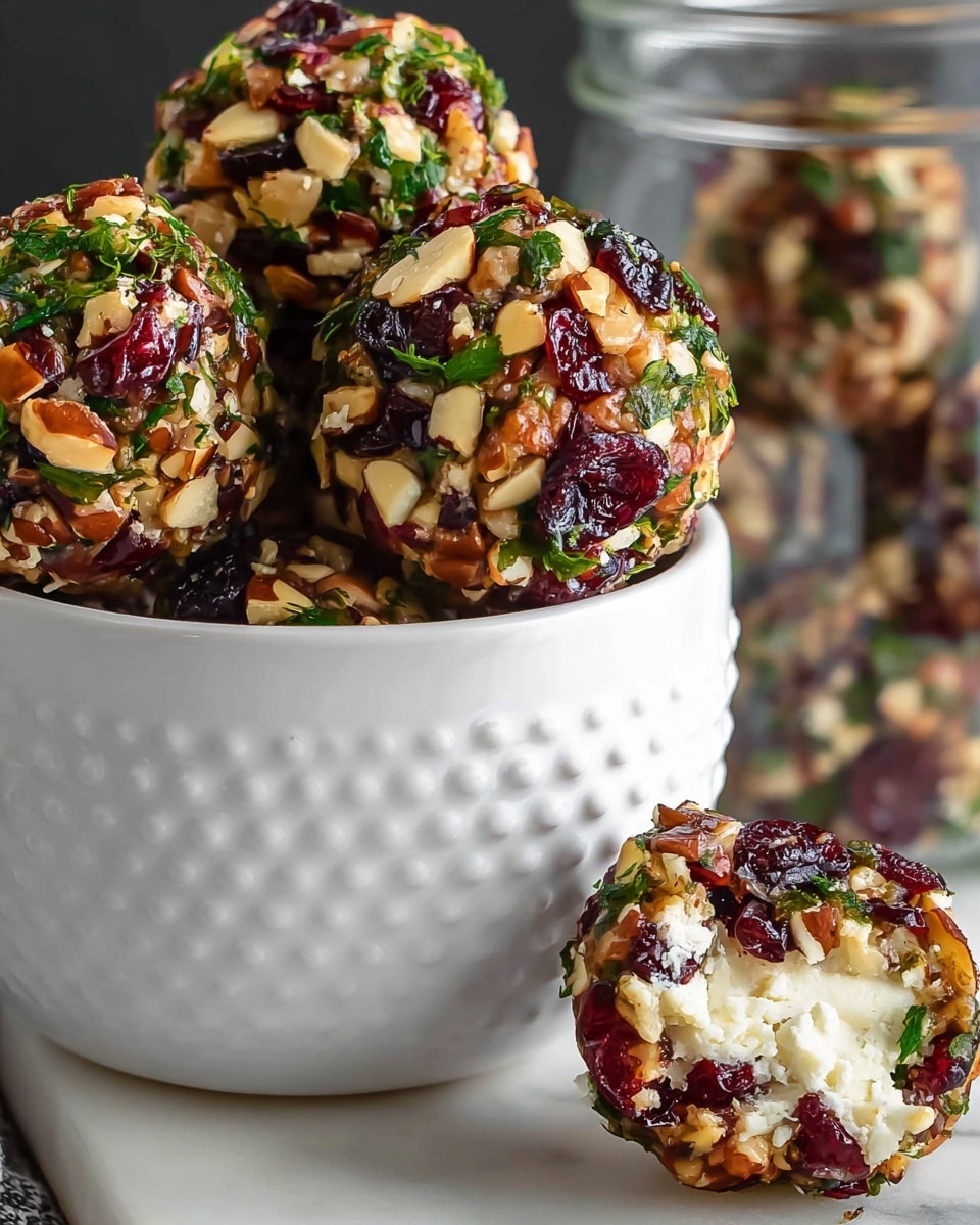 The image shows several round cheese balls covered in a colorful coating of chopped nuts, dried cranberries, and green herbs. Each ball has a creamy white center visible underneath the chunky outer layer of brown nuts, deep red dried cranberries, and bright green herbs. The cheese balls are placed inside a white bowl with a textured dotted pattern on the outside. One cheese ball sits outside the bowl on a white marbled surface, and a glass jar with more cheese balls can be seen blurred in the background. The overall look is fresh and textured with vibrant colors standing out against the white bowl and background. Photo taken with an iphone --ar 4:5 --v 7