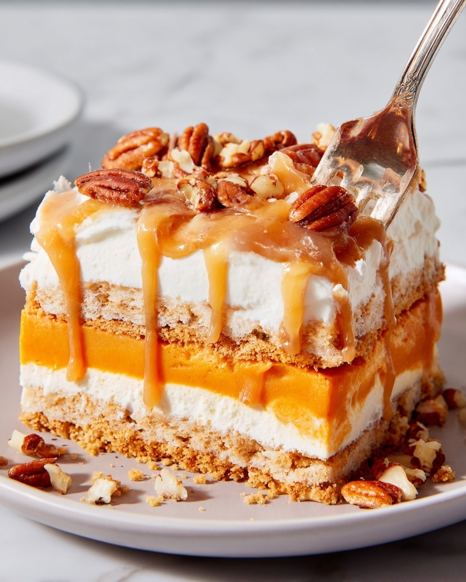 A layered dessert square sits on a white plate, placed on a white marbled surface. The dessert has four visible layers: the bottom layer is a light brown crumbly biscuit base, followed by a thick creamy white layer, then a bright orange smooth layer, another layer of the crumbly biscuit, topped with another thin white creamy layer. The top is covered with a thick white whipped cream-like layer, drizzled with a shiny caramel sauce that drips down the sides. Rough pieces of pecans are scattered on top, adding texture. A fork is digging into the dessert from the top right corner. Photo taken with an iphone --ar 4:5 --v 7