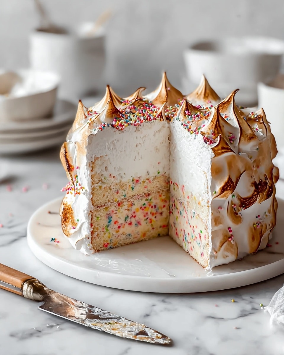 A sliced cake sits on a round white plate placed on a white marbled surface, showing three main layers: the outer layer is a thick, fluffy, toasted meringue with peaks and swirls browned on the edges, sprinkled with small colorful sprinkles; inside, the middle layer is plain white meringue, and the innermost cake layer is dense and cream-colored, mixed with bright, small confetti-like sprinkles creating a fun, colorful pattern throughout. In the foreground, a metal knife with a wooden handle rests on the surface, smeared with some of the toasted meringue. In the blurred background, white dishes and a white bowl are faintly visible. photo taken with an iphone --ar 4:5 --v 7