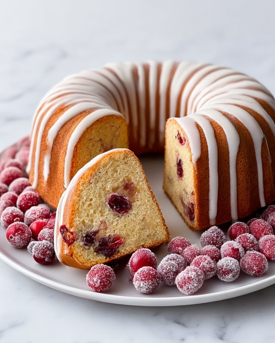 A round bundt cake with a golden-brown outer layer topped with smooth white icing drizzled evenly in stripes over the top and sides. The cake is cut to reveal its soft, light inside filled with several dark red cranberry pieces. The cake sits on a white plate, which is surrounded by frosted red cranberries textured with a light layer of sugar. The background is a white marbled surface. Photo taken with an iphone --ar 4:5 --v 7