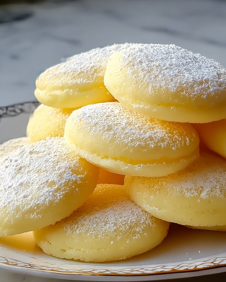 A stack of soft, round yellow sweets with a smooth texture is placed on a white plate with a patterned rim. Each piece is about one layer thick, slightly puffy, and topped with a fine dusting of white powdered sugar that adds a delicate texture on the surface. The sweets are arranged in a loosely piled manner, with some pieces resting partially on top of others, showing their even thickness and light, airy feel. The photo is taken on a white marbled surface and captures the subtle shadows and highlights on the sweets, emphasizing their soft, fluffy appearance. Photo taken with an iphone --ar 4:5 --v 7
