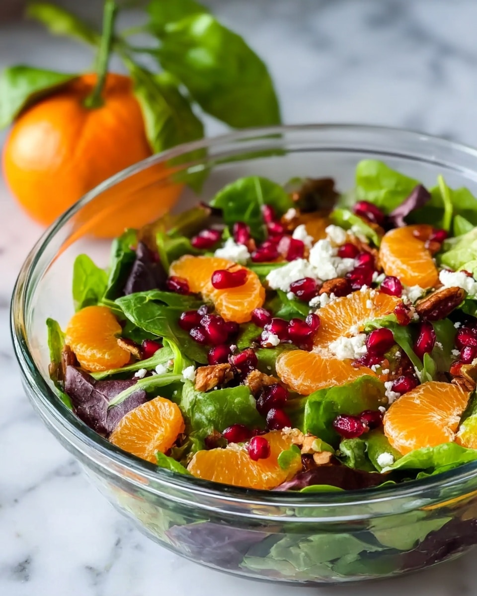 A clear glass bowl filled with a salad made of several layers: the bottom layer is a mix of dark and light green leafy greens, some smooth and some slightly curly. On top of the greens are bright orange mandarin slices scattered evenly, adding a juicy, glossy texture. Bright red pomegranate seeds are sprinkled throughout, creating small, shiny pops of color. There are small pieces of light brown nuts mixed in, giving a crunchy feel. White crumbles of soft cheese are spread over the salad, adding a light, crumbly texture. In the background, a whole mandarin with green leaves is visible, all set on a white marbled surface. photo taken with an iphone --ar 4:5 --v 7