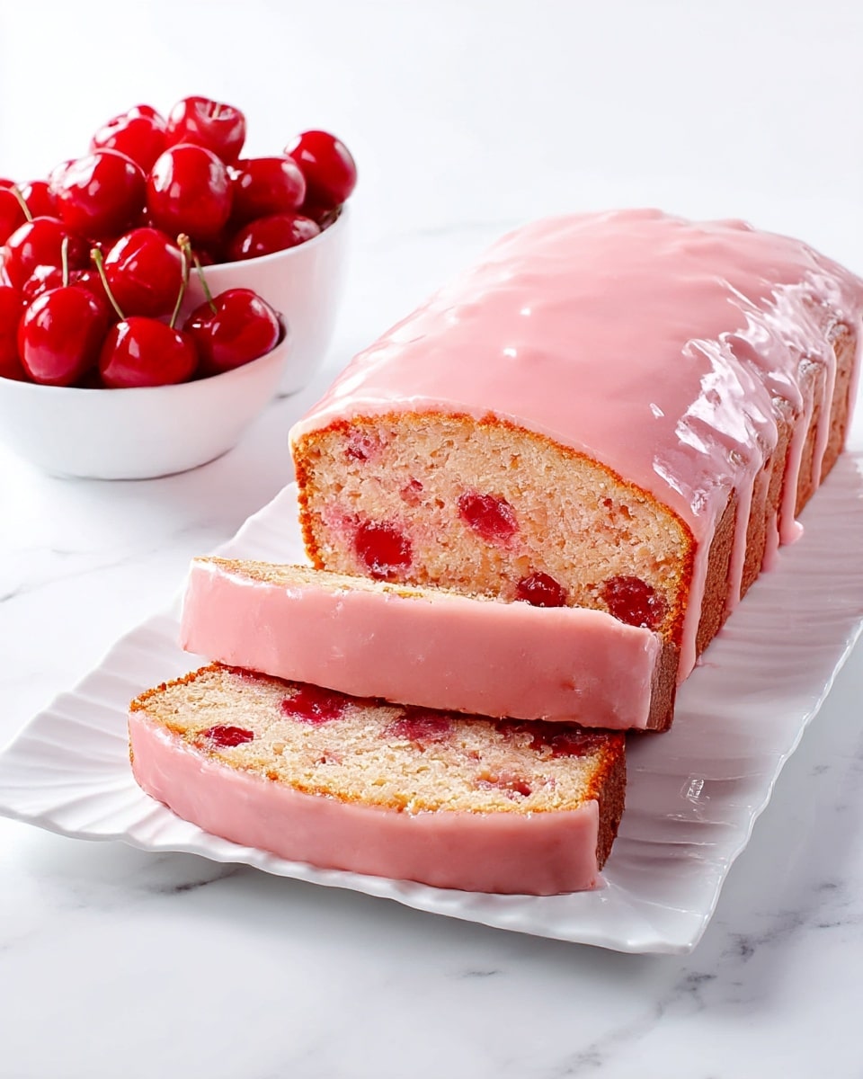 A loaf cake with a smooth pink glaze covering the entire top and sides, revealing a light pink inside filled with bright red cherry pieces. The cake is sliced at the front, showing two even, glossy pink layers on each slice from the glaze with a soft and slightly crumbly texture inside. It sits on a white ruffled square plate on a white marbled surface. To the left, a white bowl is filled with shiny red cherries, adding a fresh contrast. photo taken with an iphone --ar 4:5 --v 7