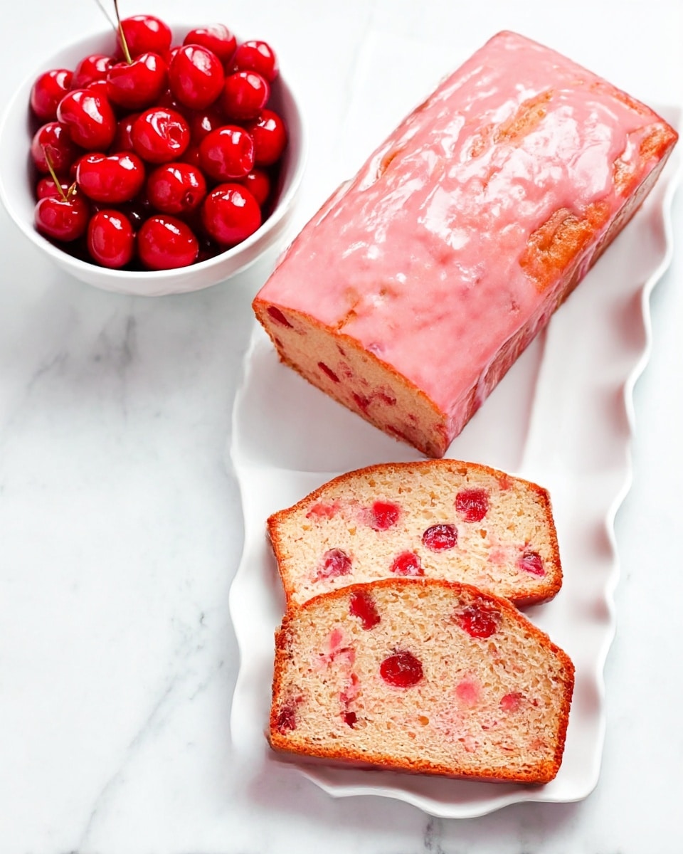 The image shows a loaf cake with a pink glaze on top, resting on a white plate with a wavy edge, placed on a white marbled surface. The cake has two slices cut, revealing the inside which is light pink with red pieces, likely cherries, scattered evenly throughout. Next to the loaf, there is a white bowl filled with shiny red cherries. The colors are bright and the textures include the smooth glazed top and soft crumb inside. photo taken with an iphone --ar 4:5 --v 7