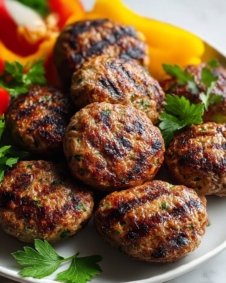 The image shows a black plate filled with six grilled meat patties. Each patty is shaped like a small, slightly flattened oval with a textured surface showing char marks and small green herbs mixed inside the meat. Behind the patties, there are chopped fresh vegetables: vibrant orange carrot slices, bright yellow pepper pieces, green cucumber slices, purple onion wedges with white centers, and fresh green parsley leaves. The plate is placed on a white marbled surface. photo taken with an iphone --ar 4:5 --v 7